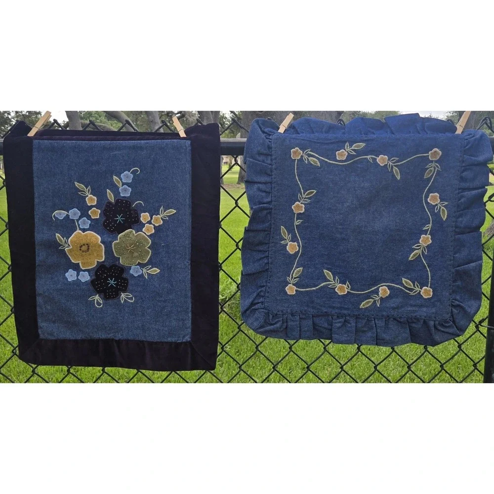 Rare Vintage Spiegel Home Cotton Embroidered Denim Throw/2 Matching Floral Shams